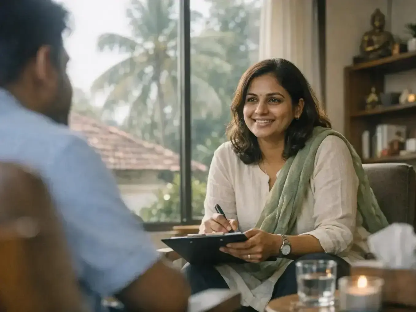 Couple holding hands during marital therapy session in Tripunittura counselling office