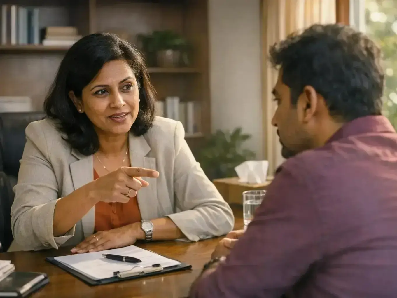 Licensed therapist facilitating communication between partners in private therapy room